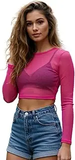 [STAR FASHION] Sheer Mesh Crop Top for Womens Stretchy Cropped Mesh Top Long Sleeve Crew Neck Ladies See Through Tops Clubwear UK Size 8 to 14