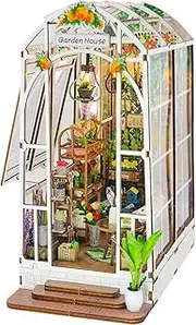 UONNO DIY Book Nook Kit, 3D Wooden Puzzle Miniature Dollhouse Bookend, Tiny Garden House Book Nook Model with Furniture & LED Lights, Library Bookshelf Decor