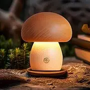 Wooden Mushroom Lamp – Portable Cordless Rechargeable Beech Wood Table Lamp with Stepless Touch Dimming & Memory, Compact Night Light Birthday Gift