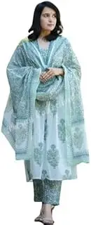 [Aizza Trends] Women's Printed Kurti Pant With Dupatta Set, White Green-1, Medium