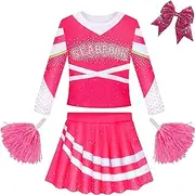 Cheerleader Outfit Girls Dresses with Poms Poms Cheerleader Costume for Girls Party Dress up Fancy Pink Dress for 3-12 Years