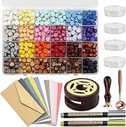 Wax Seal Stamp Kit with 24 Colors 748 Pcs Sealing Wax Beads, Wax Seal Stamp, Tea Candles, Stamp Warmer, Melting Spoon, Envelopes and Metallic Pens, Wax Seal Gift Set, Cards, Craft Decoration