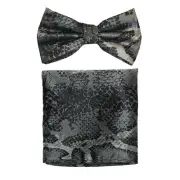 Men's Pre-tied Bow Tie & hankie set polyester Grey animal snake print wedding