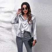 GMXIA Women's Fashion Casual Solid Color Print Long Sleeve POLO Neck Blouses & Shirts silver gray M