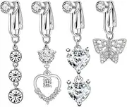 [Niaspi] 4Pcs Stainless Steel Fake Belly Button Rings for Women Girls Dangle Cubic Zirconia Non Piercing Clip On Belly Navel Rings Dainty Non Pierced Body Jewelry, Stainless Steel, cubic zirconia