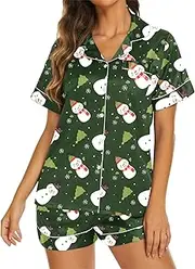 [Generic] Christmas Pajamas for Womens Graphic Polyester Fiber Sleepwear Button Down Short Sleeve Shorts Pajamas Set Girl 13 (AG-A, XXL)