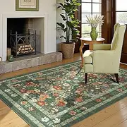 Deerly Green Rugs for Livingroom, Vintage Floral Boho Small Area Rug for Bedroom Diningroom Loft Bedside Runner Entrance, Non-Slip Floor Carpet Machine Washable. (DarkGreen,120x160cm)