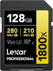 Lexar 128GB Professional 1800x UHS-II SDXC V60 Rated 4K Video Capture Memory Card (GOLD Series)