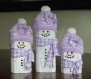 Set of Three Wooden Snowmen With Lavender & White Hat & Lavender & White Plaid