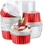 Heatunk 50pcs 5oz Mini Aluminum Pans with Lids - Foil Cups for Cupcakes, Ramekins, Baking - Dessert Cups for Cheesecakes and More - Dessert Containers in Red