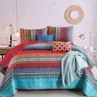 Boho Quilt Set King Size, Bohemian Red Christmas Stripe 3 Pieces Bedspread Set L