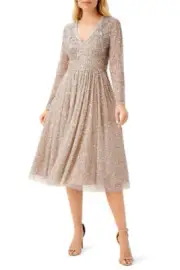 Aidan Mattox V-Neck Long Sleeve Back Zipper Midi Beaded Dress