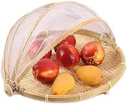 Food Serving Tent Basket,Dustproof Round Picnic Basket Food Storage Basket with Mesh Gauze Lid Container for Vegetable Fruit Bread Picnic Party (12 inch)