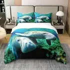 Kawaii Manatees Duvet Cover Full Size, Ocean Animals Bedding Set for