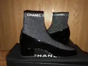 NIB CHANEL 17B Patent & Fabric Sock Short Boot Low Block Heel Bootie 40