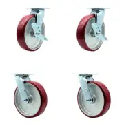 8 Inch Poly on Aluminum Caster Set with Ball Bearings 4 Swivel Lock 2 Brake SCC