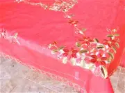 Tablecloth w/ Embroidered Red Poinsettia & Green Leaves on Red Cloth 68"x142"