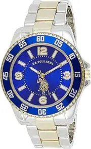 [Accutime] U.S. Polo Assn. Men's Two-Tone Watch with Royal Blue Dial and Fold-Over Clasp – Gold and Silver Metal Bracelet Quartz Analog Timepiece Fits Wrists 5.5"-8" with 45mm Case, Navy Blue, Classic