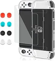 FANPL Transparent Case for Nintendo Switch OLED Model 2021, Protective Case Cover Compatible with Switch OLED, Clear Crystal Flip Shell with 1 Screen Protector 8 Thumb Grip Caps （Improved Version）