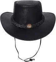[URBAN 5884] Genuine Leather Cowboy Hat, Western Hat Made of Cowhide Leather with Adjustable Brim and Chin Strap, Black