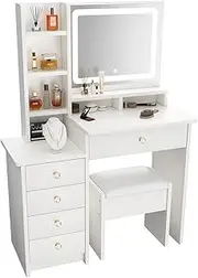 [ZenkiHome] Dressing Table, White Vanity Desk with Large Mirror and Adjustable Lights, 90cm Dressing Table with Stool for Girls and Adults