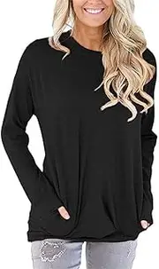onlypuff Womens Pocket Shirts Casual Loose Fit Tunic Top Comfy Cute Sweatshirts Long Sleeve S-3XL