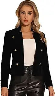 [Allegra K] Velvet Jacket for Women's Vintage Stand Collar Open Front Button Decor Jacket