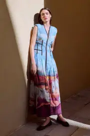 Silk Cotton Strong Shoulder Stallion Print Belted Woven Midi Dress