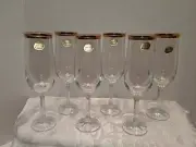 Vintage Geneve Bohemia Crystal Wine/Champagne Glasses With 22k Rim Set of 6 NIB