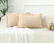 Set of 2 Fringe Lumbar Pillow Covers with Tassels Cotton 12 x 20-Inch Beige