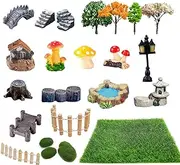 Julang 23 Pcs Fairy Garden Miniatures Jumping Spider Enclosure Accessories, Mini Bridge Fence Pond Street Lamps Mushroom Lawn Figurines Garden Decorations for Jumping Spider Habitat