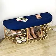 Modern Luxury Metal Velvet Upholstered Shoe Rack Shoe Storage Bench Shoe Changing Stool for Living Room Bedroom Entryway Hallway-Blue 60x35x45cm(24x14x18inch)