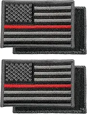 [Templar Armoury] (2-Pack) USA American Flag Patch 3 x 2 Fire Dept - Embroidered - Hook and Loop - United States of America - Uniform - US Flag Patch - Black and Silver with Red Line (Left Side)