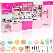 Barwa Doll Kitchen Playset Include Kitchen Food Kitchenware Cooking Toy Modern Mini Kitchen House Furniture Toy Set for 11-12 Inch Dolls Gifts for Kids Girls