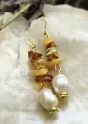 Amber Cognac And Butterscotch And White Freshwater Baroque Pearls Earrings