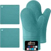 Gorilla Grip Heat and Slip Resistant 12.5" Oven Mitts + 7" Trivets, Turquoise