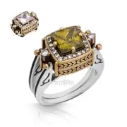 Turkish Reversible Square Peridot and White Topaz 925 Sterling Silver Ring