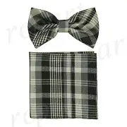 Men's Pre-tied Bow Tie & hankie set plaids & checker black formal prom wedding
