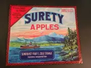 Vintage Original 1940s SURETY APPLES Fruit Crate Box Label APPLE Produce Yakima