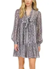 MICHAEL Michael Kors Adder Tie Neck Mini Dress Black White Animal Prt $395 XXS