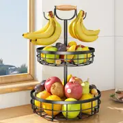 2 Tier Fruit Basket with Banana Tree Hanger and Wood Handle - Kitchen Countertop Storage (Black)