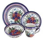 Blue Rose Polish Pottery Floral Butterfly 16 Piece Dinner Set