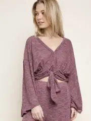 Umgee Cropped Top Charcoal Gray Tie Front Bell Sleeve Burgundy Red V Neck NEW