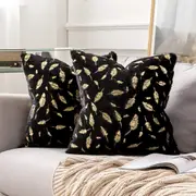 2x Square Throw Pillows Decorative Faux Fur Gold Feathers Gilding Leaves Cushion Cases Soft Fluffy(Inserts + Pillow Covers,Black)