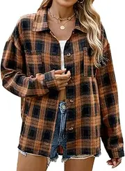 [MAIABLEAU] Women Button Down Flannel Shirt Plaid Shacket Long Sleeve Collared Business Casual Tops Work Blouse