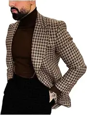 [PopEle] Premium Houndstooth Dogstooth Plaid Slim Fit Tuxedo Prom Wedding Groom Suits Set Jacket Blazer Pants Sport Coat
