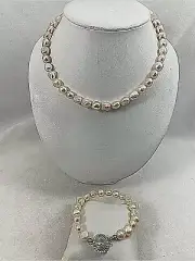 Handmade ~ Silver ~ 10mm Creme Baroque Pearl 16" Necklace & 8" Bracelet Set #68