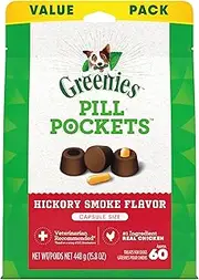 GREENIES Pill Pockets for Dogs Capsule Size Natural Soft Dog Treats, Hickory Smoke Flavor, 15.8 oz. Pack (60 Treats)