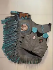 Western Grey Top Grain Bull Rodeo Chap & Vest With Turquoise Matching Fringes