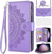 [Asuwish] Mobile Phone Case for Samsung Galaxy S23 Plus S23+ 5G Case with Strap and Film Protective Film Card Slot Foldable Leather Flowers Wallet Stand S23plus 23S S 23 + 23+ Protective Phone Case